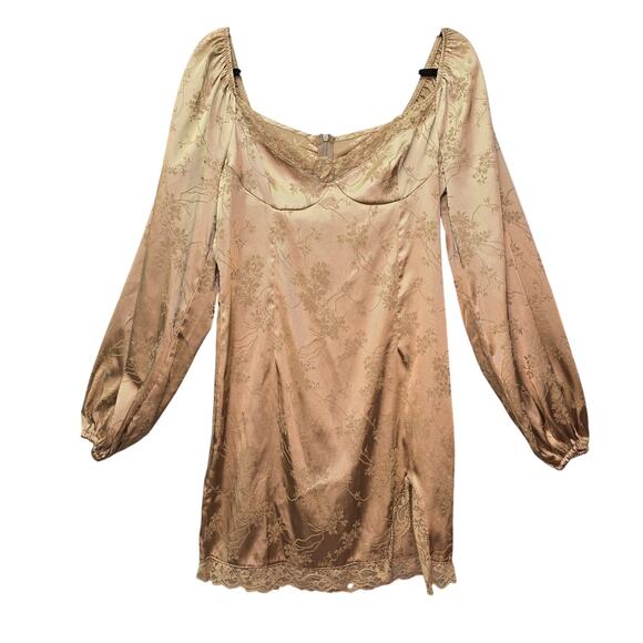 SHEIN Slip Dress Womens Medium Gold Floral Lace Long Sleeve Jacquard Mini Party - Picture 1 of 11